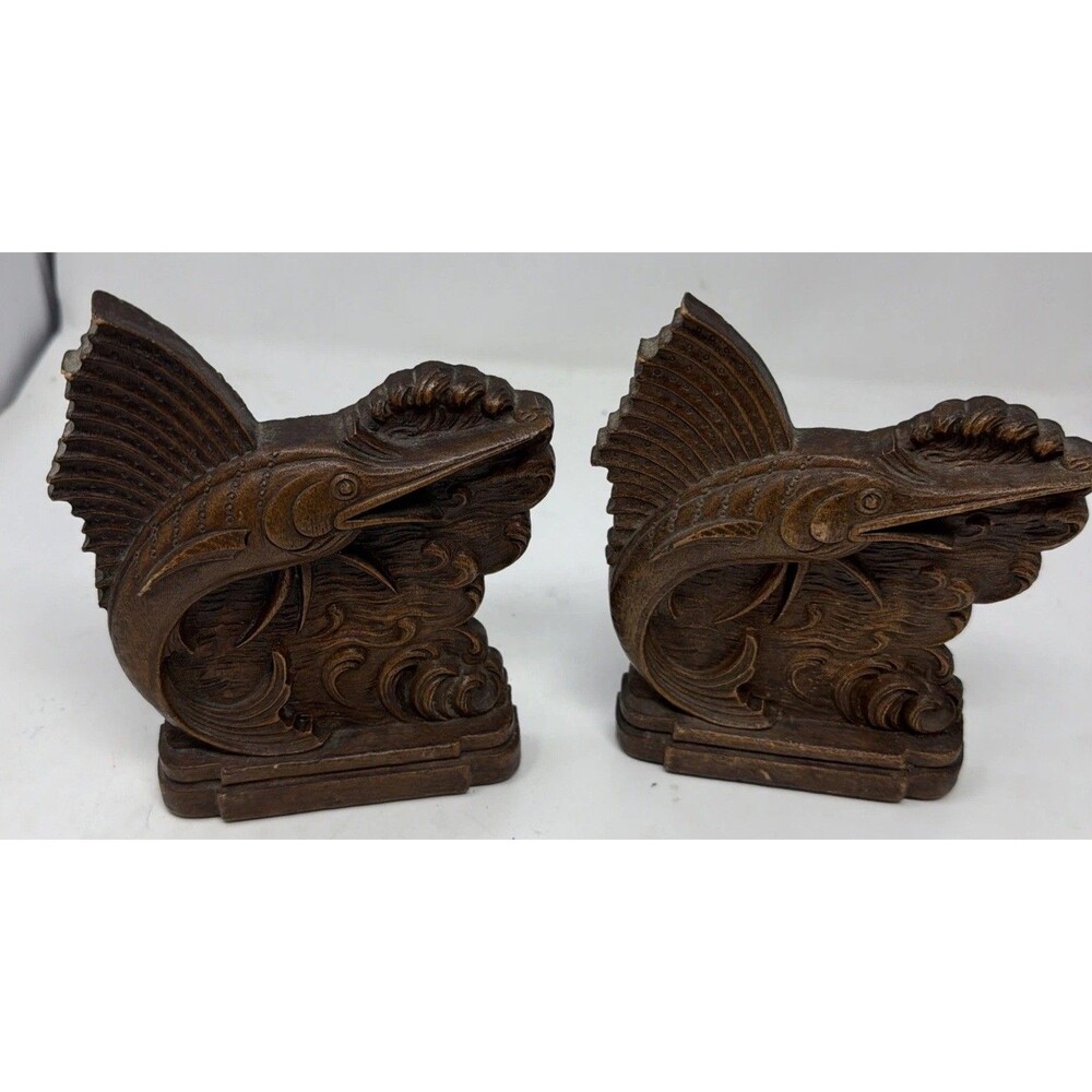 Vintage 1940s Ornawood Syroco Bookends Set Of 2 Marlin Sailfish Fish Nautical